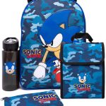 Sonic The Hedgehog Mochila para niños, diseño de camuflaje azul marino, estuche para lápices, botella de agua, mercancía de juego, Blue, Talla única, ...
