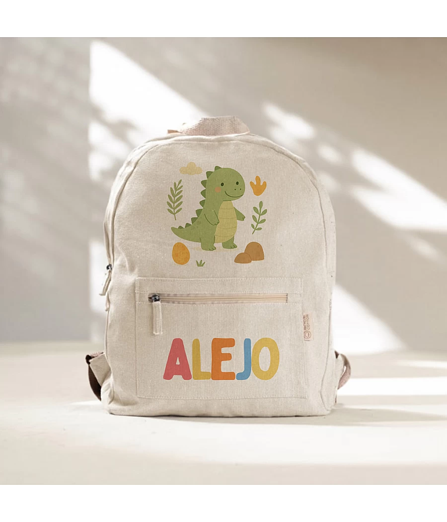 mochila-dinosaurio-737eaz.webp Mochila Infantil Personalizada de Algodón Reciclado – Diseño Dinosaurio - Imagen 1