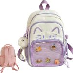 Linda mochila Kawaii Cat Ita con pantalla de pines, mochila escolar Y2K para niñas y mujeres, mochila de nailon con dije de felpa y 5 insignias, 2 tamaños, Morado (, 34cm : Amazon.es: Moda