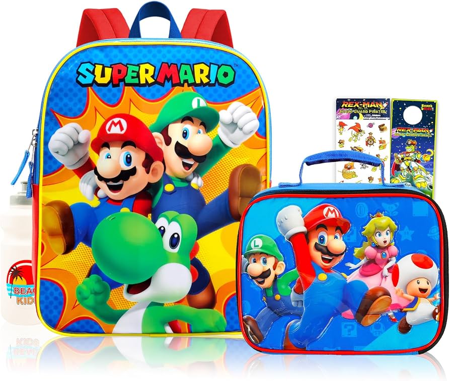 mochila-mario-bros-732lew-1.jpg Super Mario Mochila con lonchera – Paquete con mochila de Mario, bolsa de almuerzo de Mario, calcomanías, botella de agua, más | Mochila Super Mario ... - Imagen 1