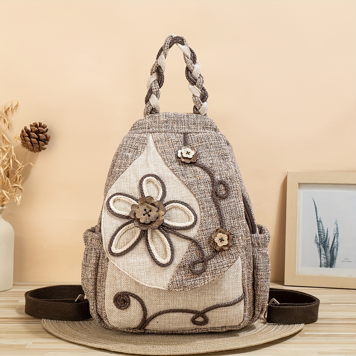 mochila-multifuncional-329uns-1.jpg Mochila multifuncional tejida a * con * de flores de estilo * mochila de estilo bohemio para vacaciones en * viajes, bolso * de moda para mujeres y niñas - Imagen 1