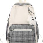 Mochila Aesthetic Kawaii Sage Green Linda mochila a cuadros con colgante de felpa ligera de gran capacidad para estudiantes, mochila escolar, mochila ...