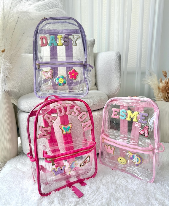 mochilas-transparentes-019mnh-1.jpg Mochila escolar transparente personalizada con parches de chenilla Mochila escolar transparente con parches Mochila transparente aprobada por la escuela Etsy España - Imagen 1